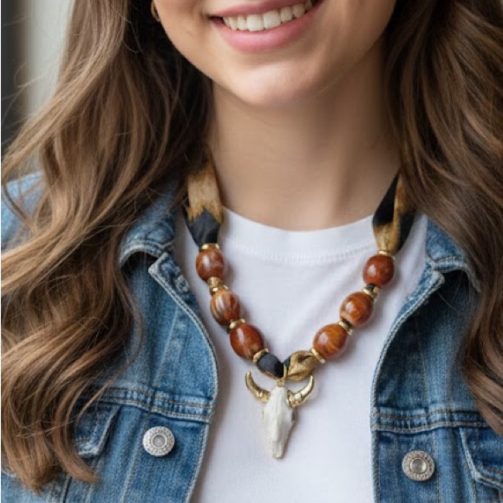 Chic Gold and Brown Necklace with Bull  Pendant